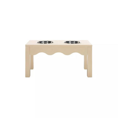 Natural Wood Double Elevated Pet Feeder with Removable Stainless Steel Bowls