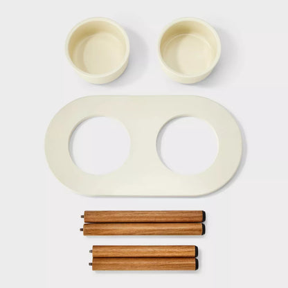 White Collapsible Elevated Dual Pet Feeder with Ceramic Bowls