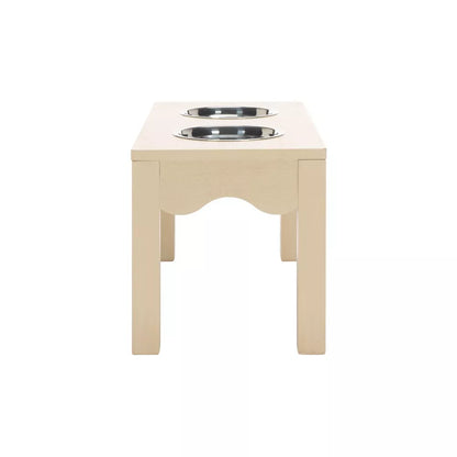 Natural Wood Double Elevated Pet Feeder with Removable Stainless Steel Bowls
