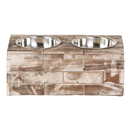 Vintage Reclaimed Wood Large Elevated Double Bowl Pet Feeder